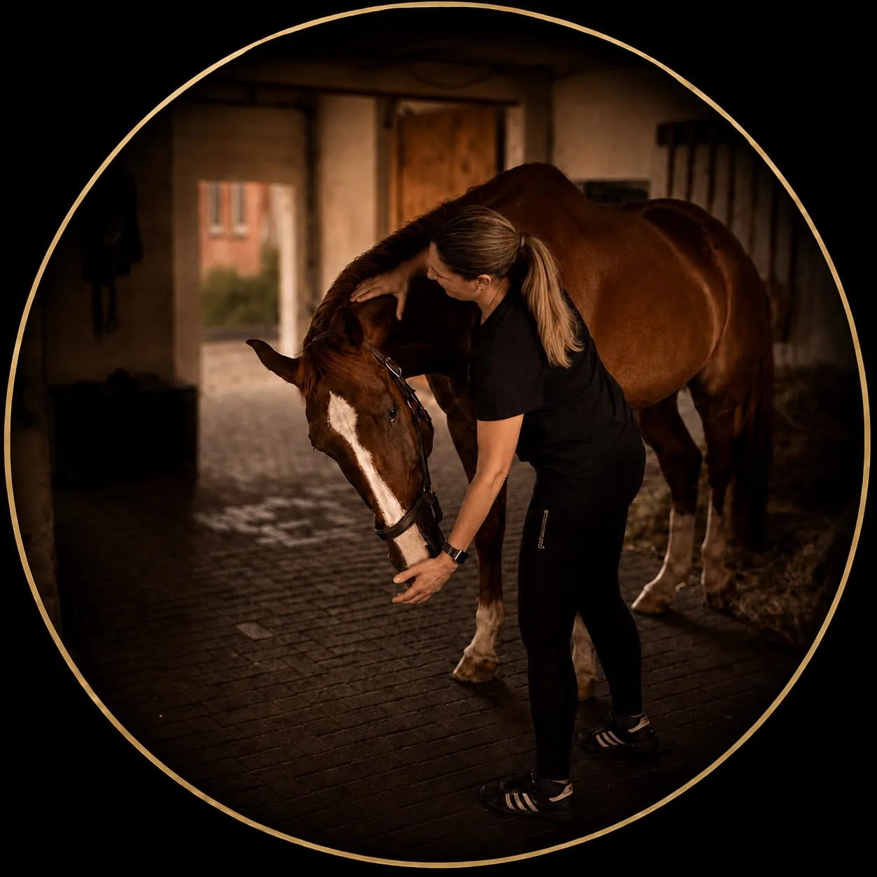 Annette Behling legt im Stall eine Hand an Hals und Maul eines Fuchses
