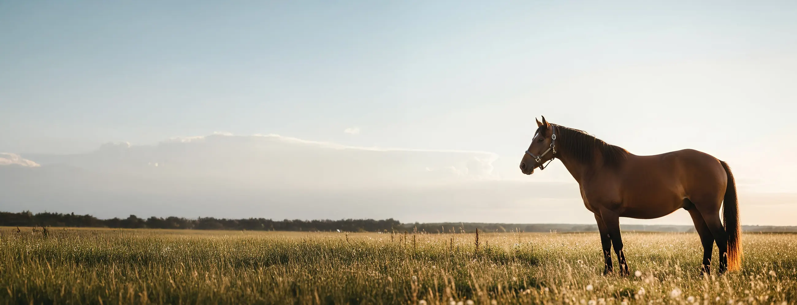 Braunes Pferd steht im Abendlicht auf einer Weide